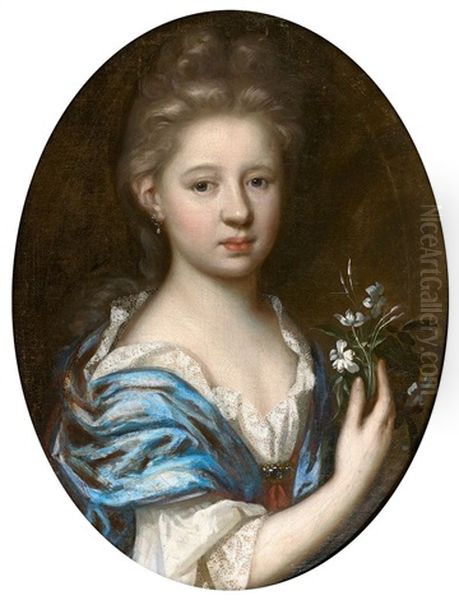 Portrait De Jeune Fille Tenant Un Bouquet De Fleurs Oil Painting by Herman van der Mijn