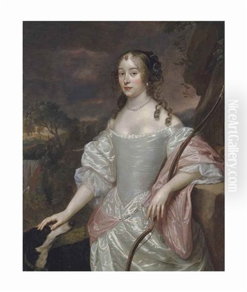 Portrait Of A Lady As Diana, Three-quarter-length, In An Oyster Satin Dress, A Bow In Her Left Hand, Her Right Resting On A Hound's Head, In A Landscape Oil Painting by Jan Mijtens