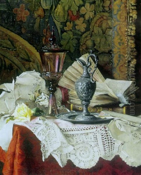 A Still Life With A Pewter Urn, Books, Music Sheets And Other Objects On A Table Oil Painting by Fritzi Mikesch