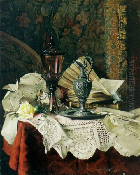 A Still Life With A Pewter Urn, Books, Music Sheets And Other Objects On A Table Oil Painting by Fritzi Mikesch