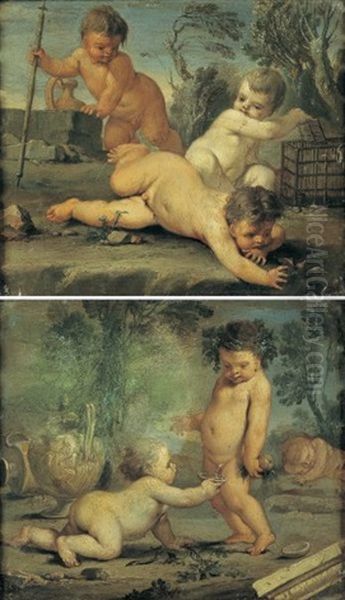 Jeux De Putti (+ Another, Similar; Pair) Oil Painting by Aureliano Milani