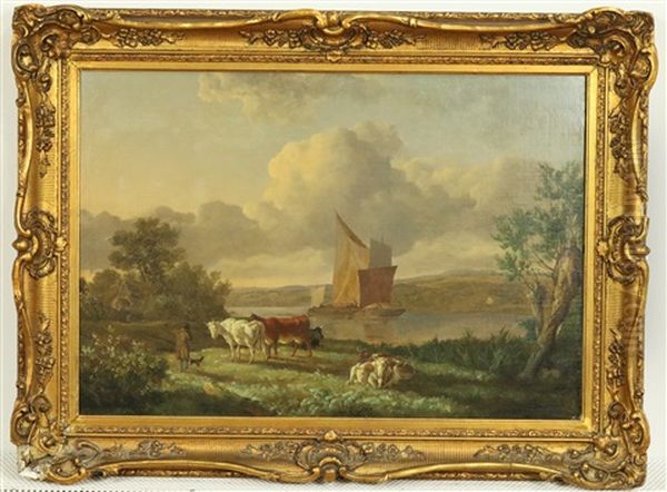 Herder Met Koeien In Landschap Oil Painting by Henry Milbourne