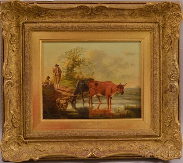 Cows And Sheep At A Stream Oil Painting by Henry Milbourne