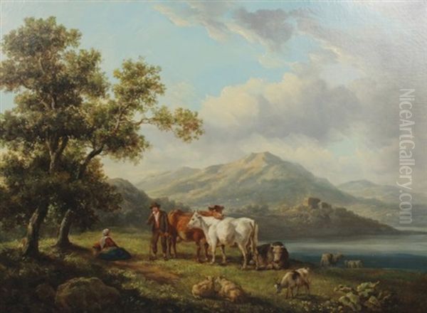 Cattle And Figures In A Mountain Landscape Oil Painting by Henry Milbourne