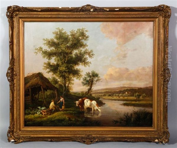 River View With Cows And Young People By A Thatched Roof House Oil Painting by Henry Milbourne