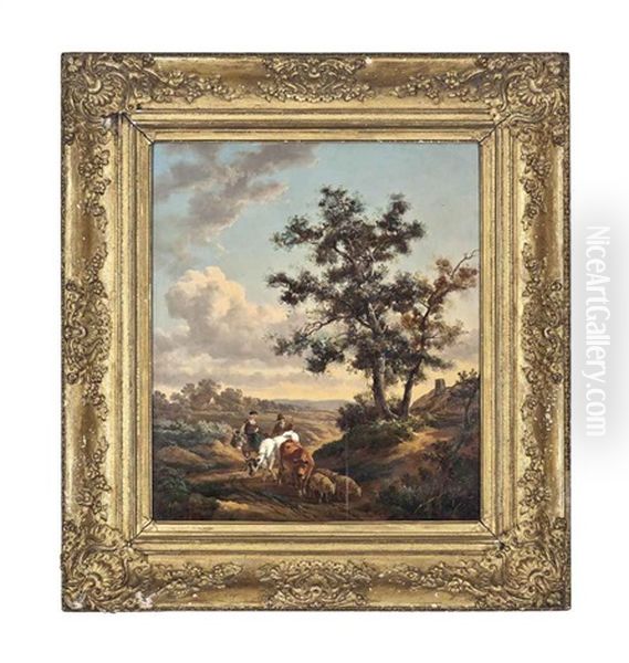 Cattle Drovers In A Landscape Oil Painting by Henry Milbourne