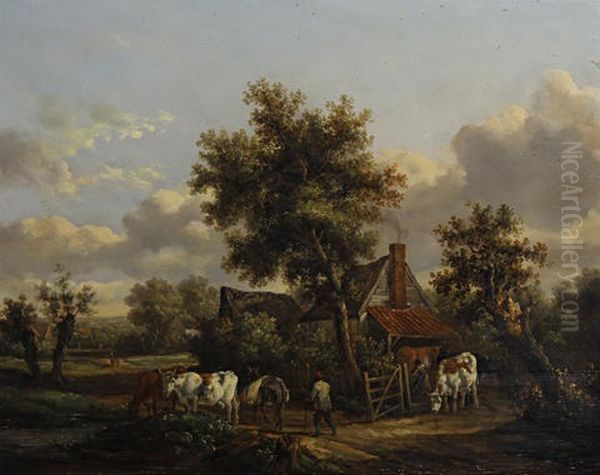 Drover With Cattle (pair) Oil Painting by Henry Milbourne