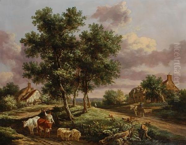 A Landscape With A Drover On A Path With Sheep And Cattle, Cottages And Travelers Beyond Oil Painting by Henry Milbourne