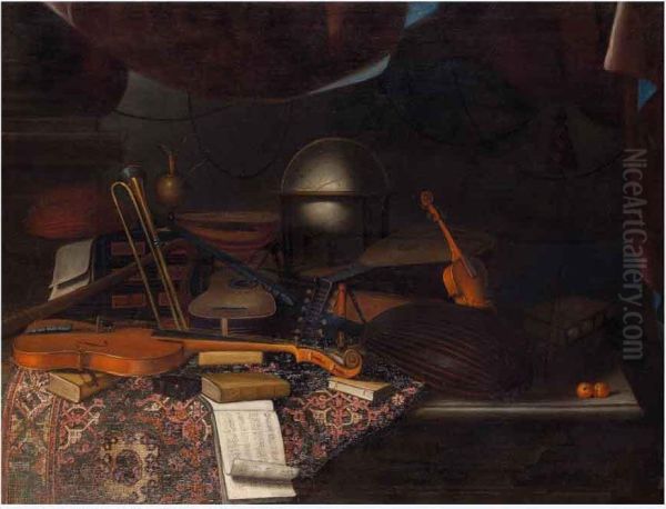 Natura Morta Con Strumenti Musicali, Spartiti, Libri E Mappamondo Oil Painting by Bartolomeo Bettera