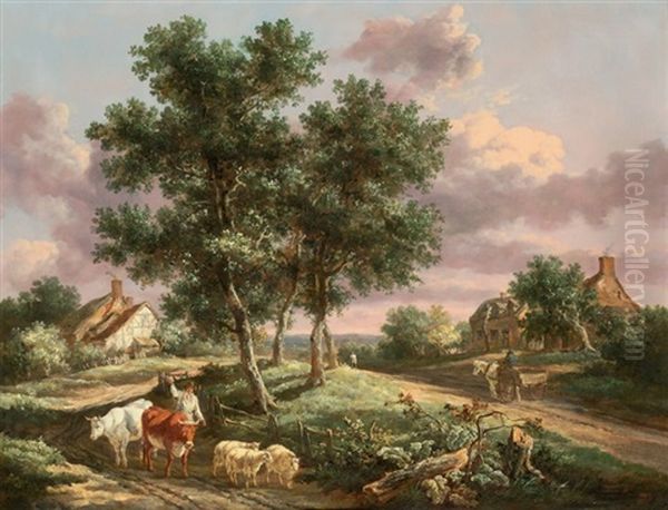 A Landscape With A Drover On A Path With Sheep And Cattle Oil Painting by Henry Milbourne