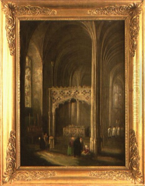 Interieur D'eglise Gothique Anime De Personnages Oil Painting by Henry Milbourne