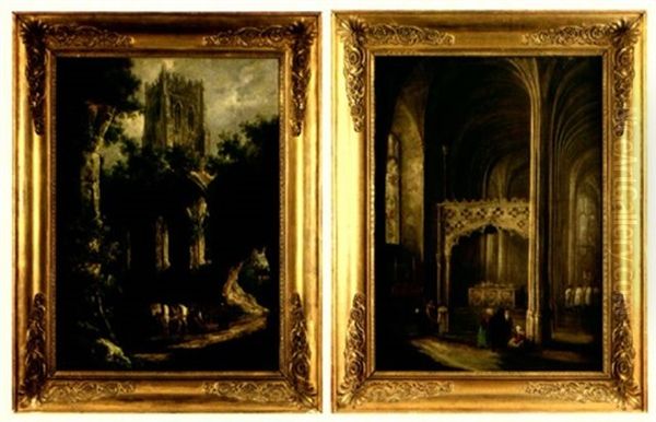 Paysage Aux Ruines Gothiques Anime De Personnages (+ Interieur D'eglise Gothique Anime De Personnages; 2 Works) Oil Painting by Henry Milbourne