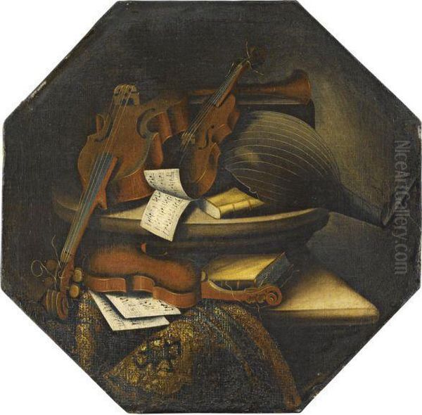 A Still Life With A Lute, A Violoncello, A Violin, And Musical Scores Over A Stone Ledge Beside A Carpet Oil Painting by Bartolomeo Bettera