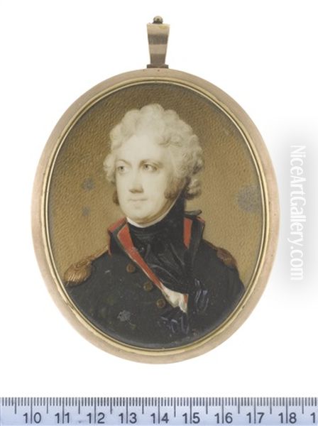 An Officer, Wearing Dark Green Coat With Red Collar And Lining, Gold Epaulettes, White Chemise, Black Stock And Cravat, His Hair Powdered And Tied With Black Ribbon Oil Painting by Edward Miles