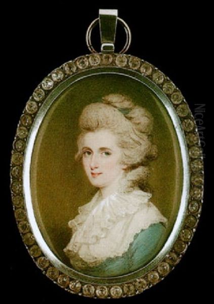 A Portrait Of A Lady With Blue Ribbon In Her Powdered Hair Oil Painting by Edward Miles