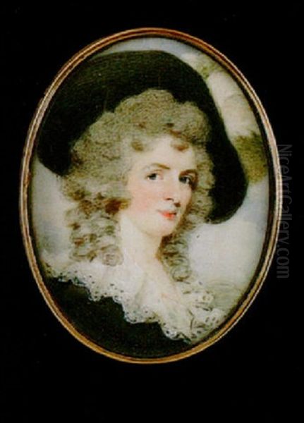 A Lady Wearing Black Hat With White Plumes In Her Powdered Hair And Black Dress With White Lace Collar Oil Painting by Edward Miles