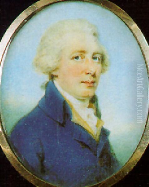 A Gentleman With Powdered Hair En Queue, Wearing Blue Coat Oil Painting by Edward Miles