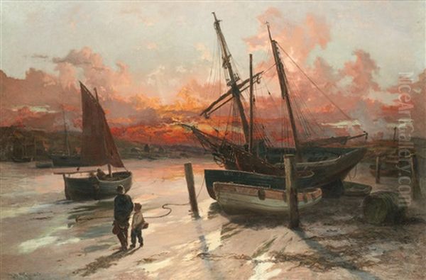 Evening, Above The Bridge, Whitby Oil Painting by Thomas Rose Miles