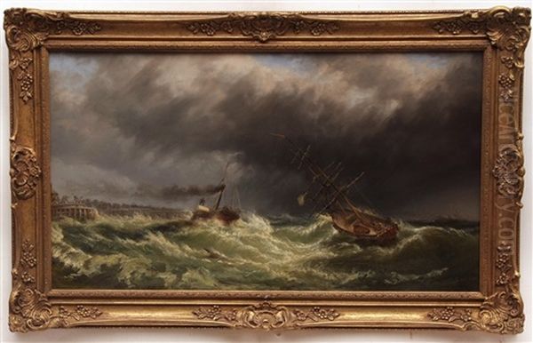 Shipping Off A Harbour Oil Painting by Thomas Rose Miles