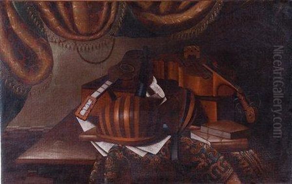 Una Chitarra, Dueliuti, Una Viola Con Arco, Libri E Fogli Di Musica; E Unmappamondo, Un Liuto, Una Chitarra, Un Libro E Fogli Dimusica. Oil Painting by Bonaventura Bettera