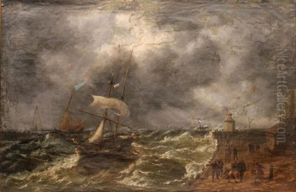 Storm Tossed Ship By Harbor Oil Painting by Thomas Rose Miles