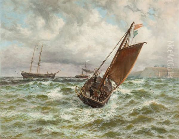 Sailing Boats And Steamer Off The Coast At Whitby, Yorkshire. Oil Painting by Thomas Rose Miles