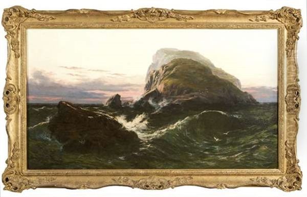 A Rocky Outcrop At Sunset - Solitude - Mackdara's Isle Oil Painting by Thomas Rose Miles