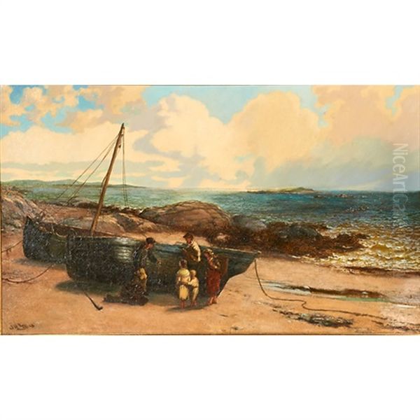 A Rocky Shoreline Oil Painting by Thomas Rose Miles