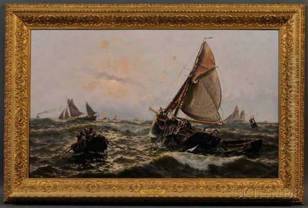 North Sea Trawlers Oil Painting by Thomas Rose Miles