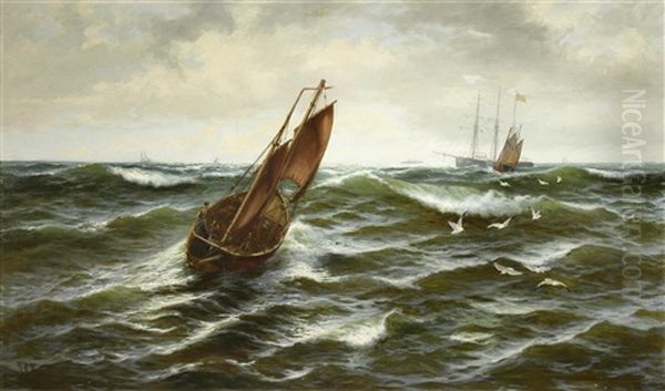 Fishing Boats In Choppy Waters Oil Painting by Thomas Rose Miles