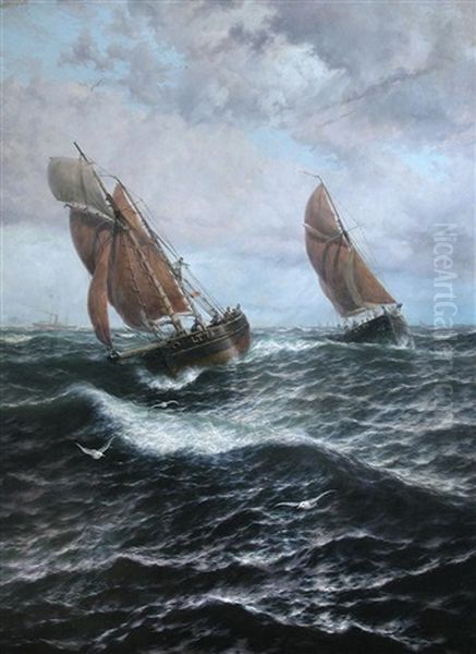 A Race For Lowestoft Harbour Oil Painting by Thomas Rose Miles