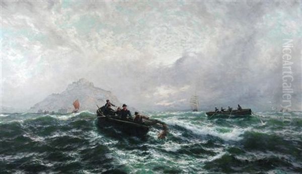 Fishermen Trawling Nets Off Mont St. Michel, With Clippers Beyond Oil Painting by Thomas Rose Miles