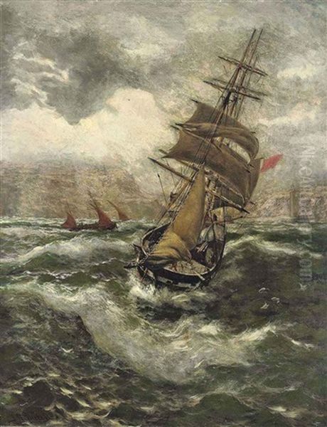 A Heavy Swell Off The Harbor Mouth At Whitby Oil Painting by Thomas Rose Miles