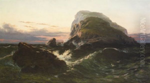 A Rocky Outcrop At Sunset - Solitude - Mackdara's Isle Oil Painting by Thomas Rose Miles