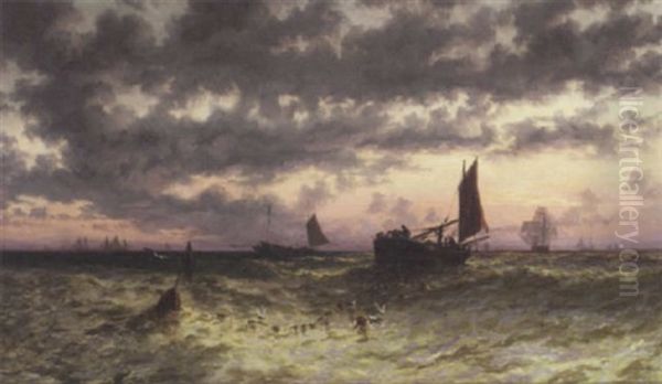 Hauling In The Catch At Sunset Oil Painting by Thomas Rose Miles