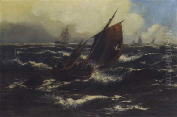 A Fishing Boat Riding The Swell Oil Painting by Thomas Rose Miles