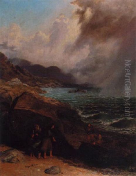 Figures Gathering Seaweed In A Stormy Costal Landscape Oil Painting by Thomas Rose Miles