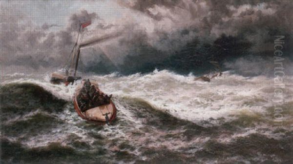 A Schooner On The Scroby Sands - The Lifeboat Turning Right To Windward Oil Painting by Thomas Rose Miles