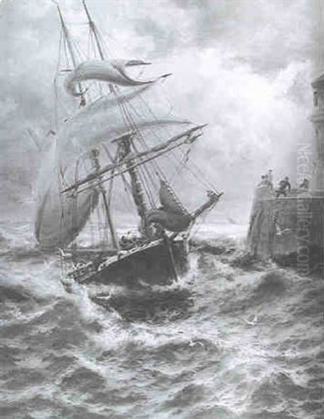 Rough Weather, Ramsgate Harbour - Dutch Coaster Running In Oil Painting by Thomas Rose Miles