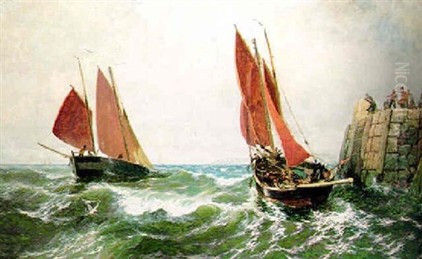 Herring Boats Going To Sea, Peel Harbour, Isle Of Man Oil Painting by Thomas Rose Miles