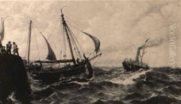 Yarmouth Trawlers Towing Out Oil Painting by Thomas Rose Miles