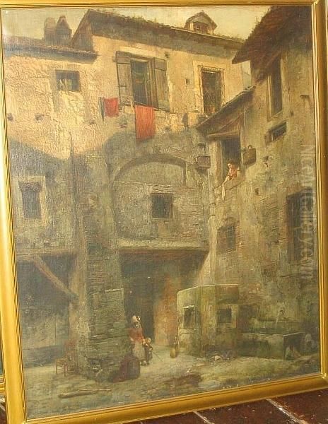 Courtyard Scene With Woman At A Window And Children Down Below Oil Painting by Luigi Bettinelli