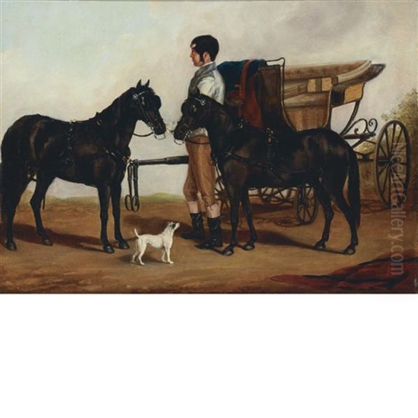 A Groom Holding A Team Of Ponies Beside A Carriage Oil Painting by William Miles