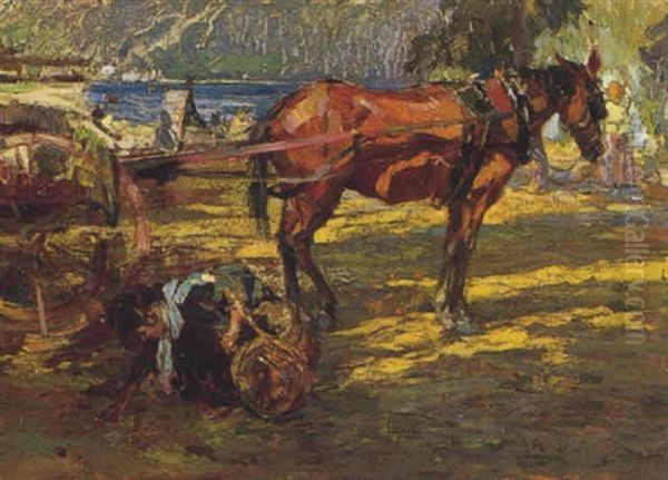 Cavallo Con Carro Oil Painting by Alessandro Milesi