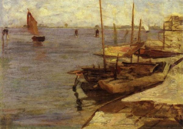 Venezia, Barche In Laguna Oil Painting by Alessandro Milesi