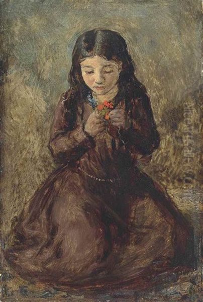 Florence 'pobby' Thomas, Kneeling And Holding A Posy Of Flowers Oil Painting by John Everett Millais