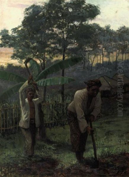 Working On A Field Oil Painting by Gustave Bettinger