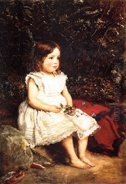 Portrait Of Eveline Lees As A Child, Seated Full Length By A Bank, Wearing A White Dress Oil Painting by John Everett Millais