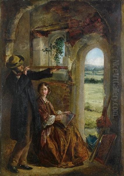 Young Couple Observing A Landscape Through A Doorway by John Guille Millais