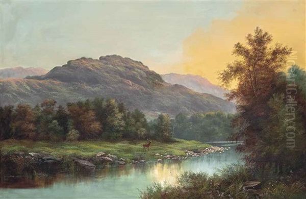 Deer At The Edge Of A Highland Stream Oil Painting by William Henry Millais